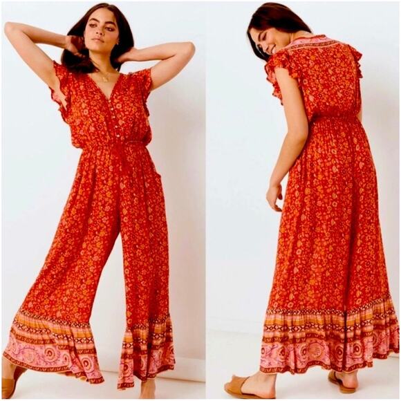 NWT Spell Dahlia Jumpsuit Wide Leg Red Floral Boho Festival Retro embroidered - Picture 4 of 16